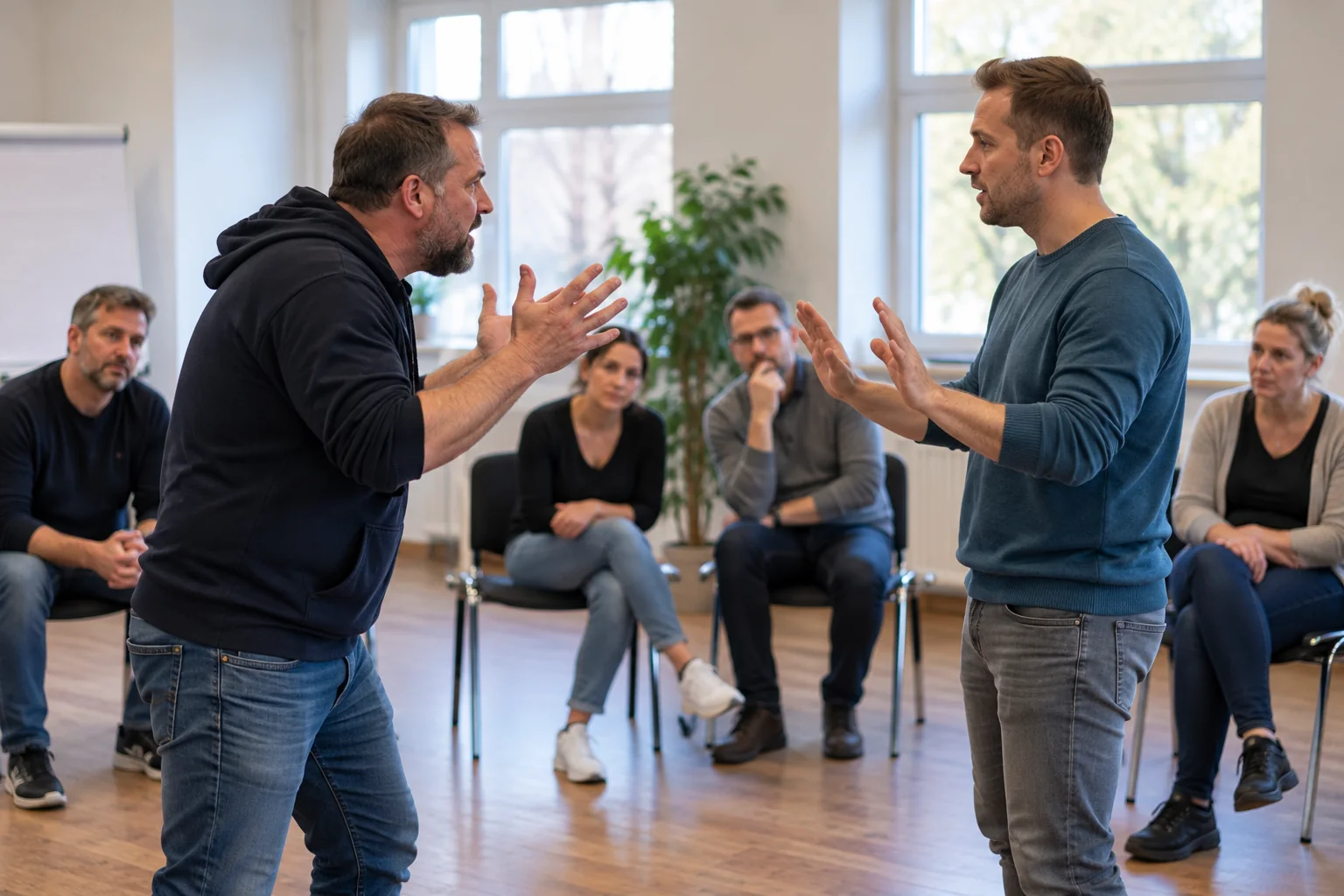 Rollenspiel in einem Deeskalationstraining: ein Teilnehmer beruhigt sein aufgebrachtes Gegenüber