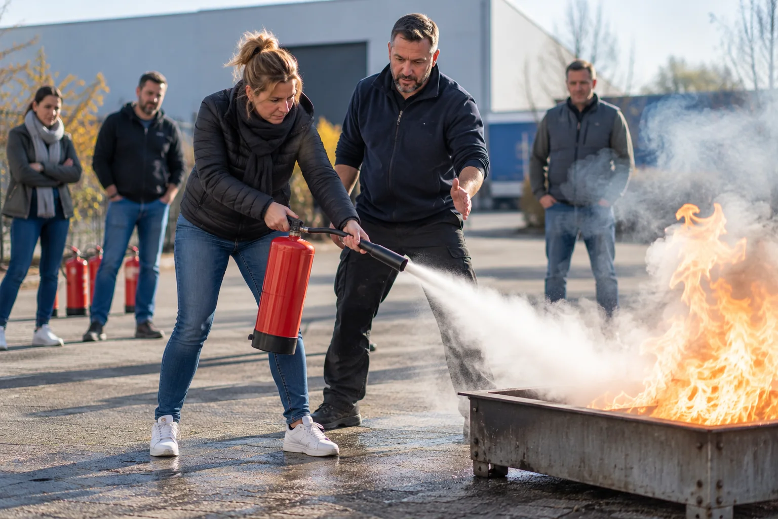 Löschübung mit Feuerlöscher unter Anleitung