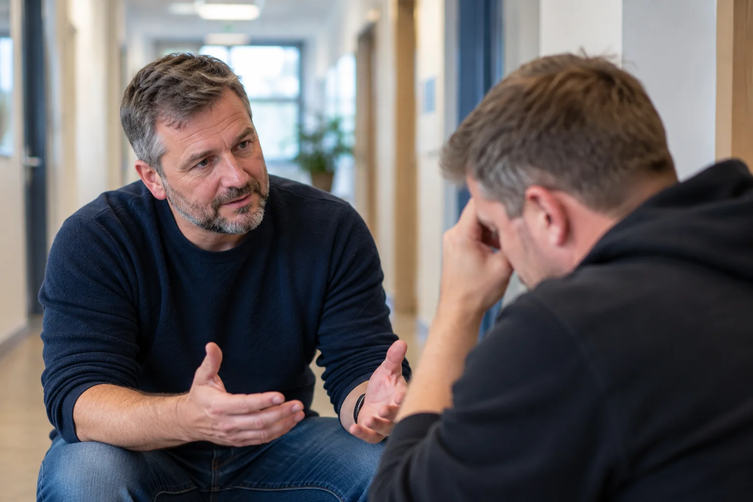 Fachkraft spricht ruhig mit einem angespannten Gegenüber