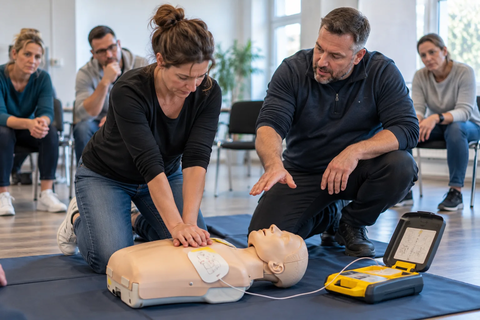 Teilnehmerin übt Herzdruckmassage an der Übungspuppe mit AED